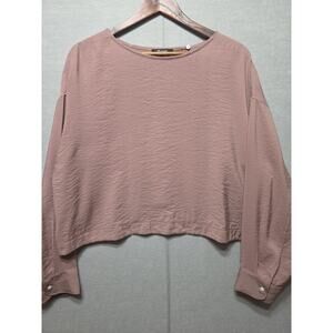 Madewell N0458 Crop Top Womens L Dusty Rose Textured Overlap Back Long Sleeve